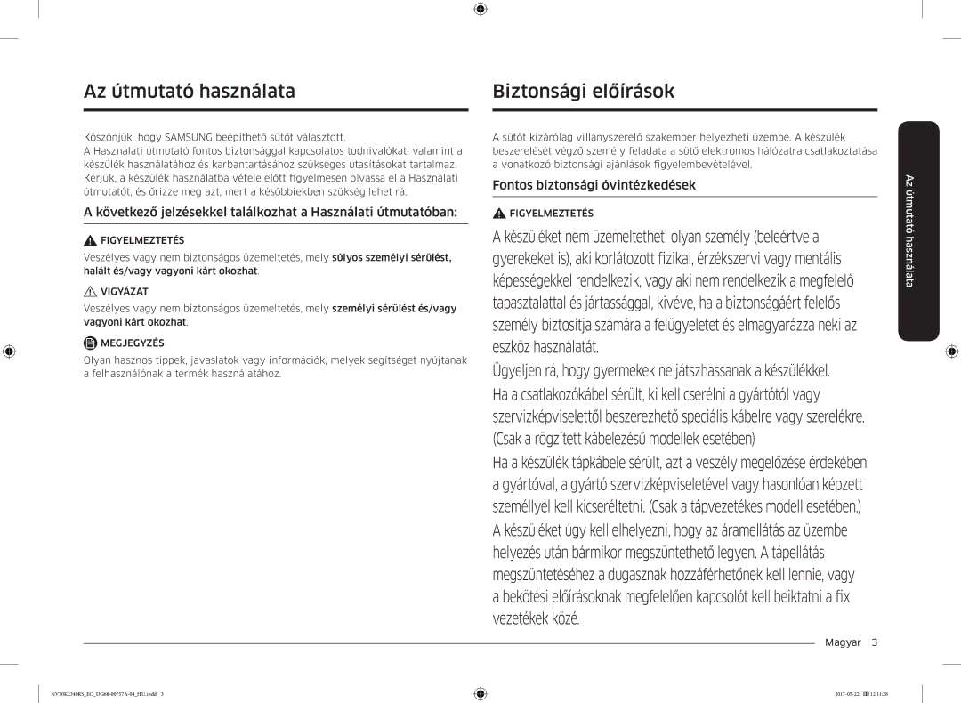 Samsung NV70K2340RB/EO manual Biztonsági előírások, Az útmutató használata, Fontos biztonsági óvintézkedések, Magyar  